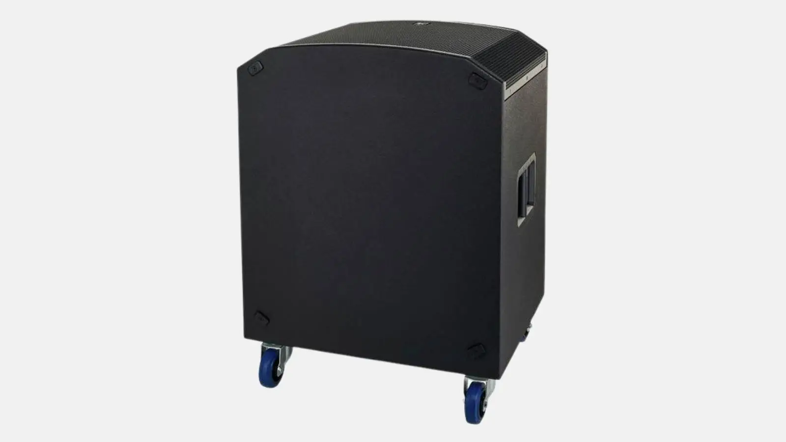 Electro-Voice ETX-18SP Subwoofer in Schwarz mit Transportrollen schräg von hinten vor grauem Hintergrund.