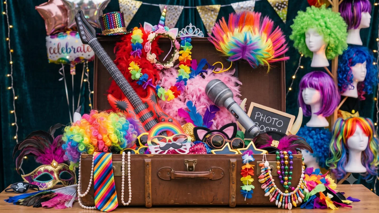 Koffer voller Fotobox-Requisiten mit Perücken, Federboas, Masken und Mikrofon vor Lichterketten.