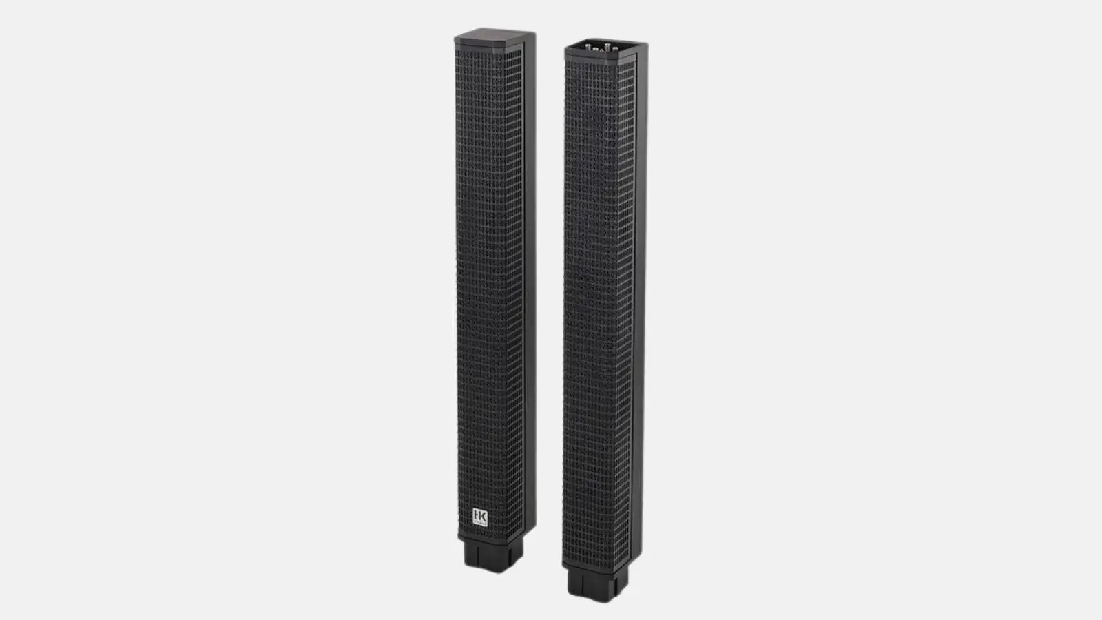 Zwei schwarze Säulenelemente des HK Audio Polar 8 Säulensystems vor weißem Hintergrund.