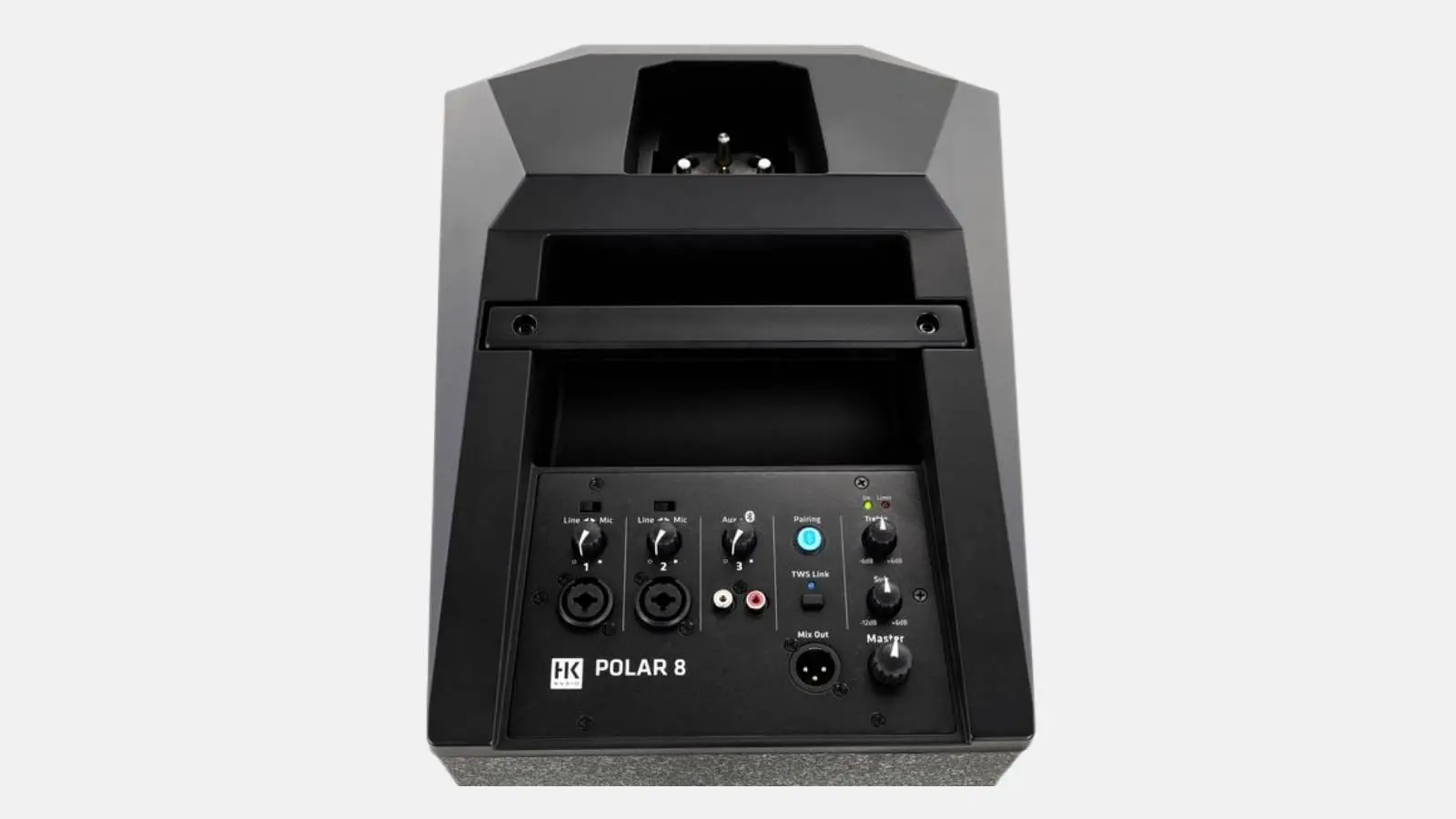 HK Audio Polar 8 Basismodul von hinten mit 4-Kanal-Mixer und Anschlussfeld in der Nahaufnahme.