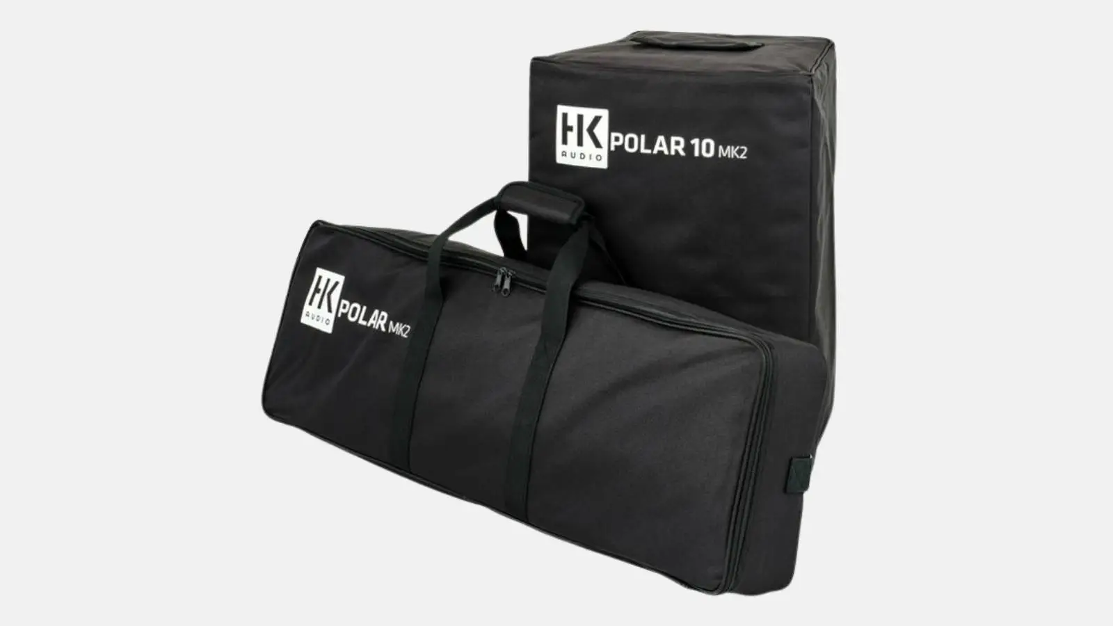 Schwarze Transporttaschen des HK Audio Polar 10 MK2 Säulensystems mit HK Audio Aufdruck.