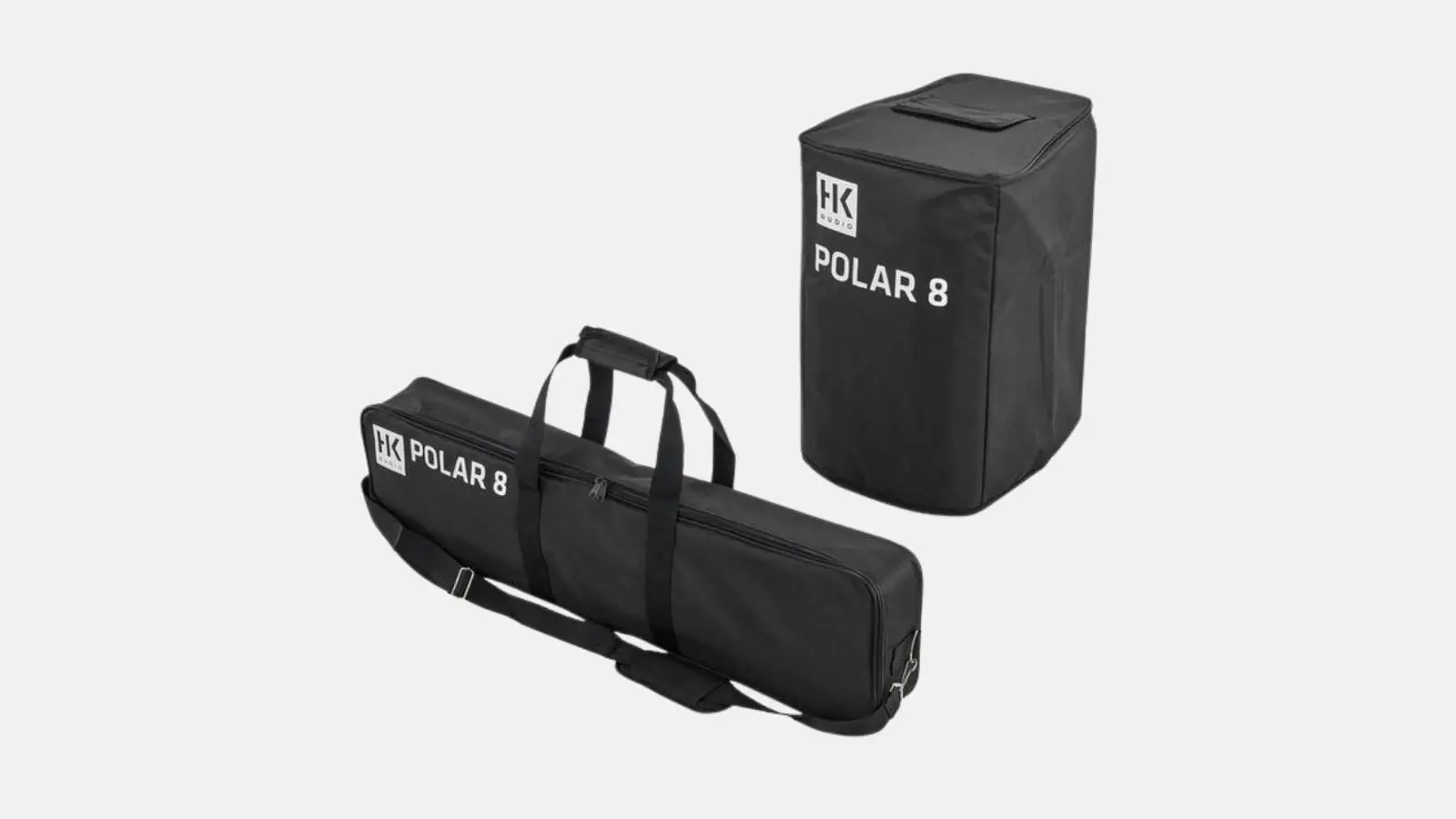 Schwarze Transporttaschen des HK Audio Polar 8 Säulensystems mit Aufdruck vor grauem Hintergrund.
