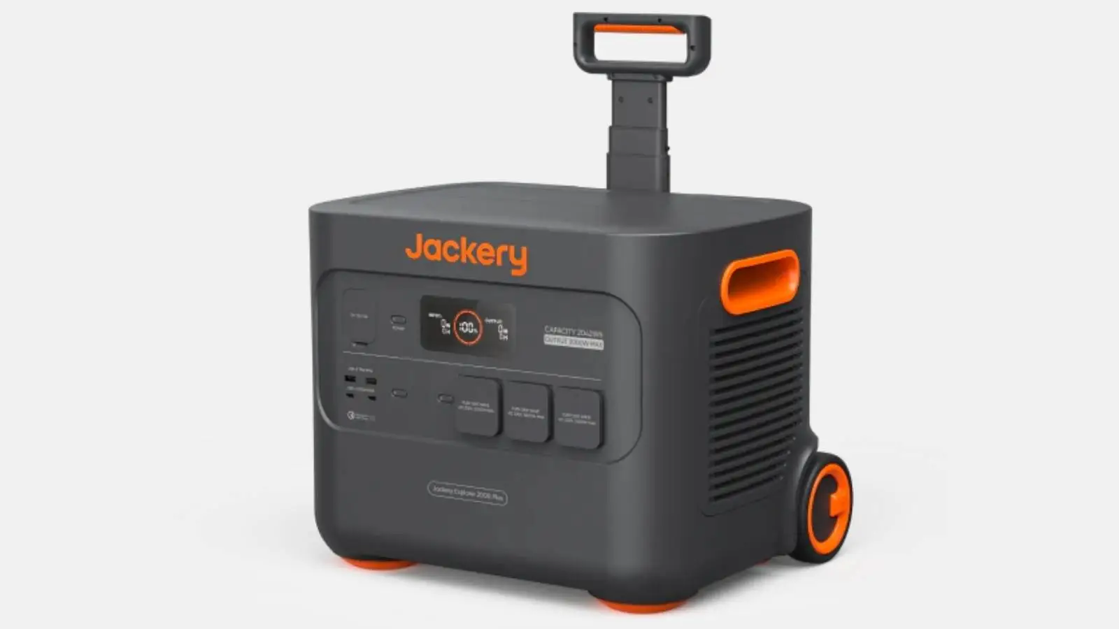 Jackery Explorer 2000 Plus Powerstation in Schwarz mit Rollen und ausziehbarem Griff in der Schrägansicht.