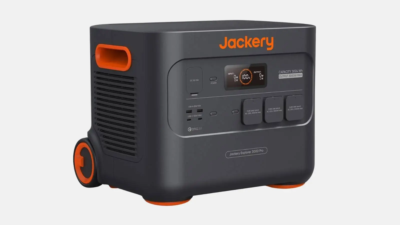 Jackery Explorer 3000 Pro Powerstation in Schwarz mit orangefarbenem Griff, Display und Rollen vor weißem Hintergrund.