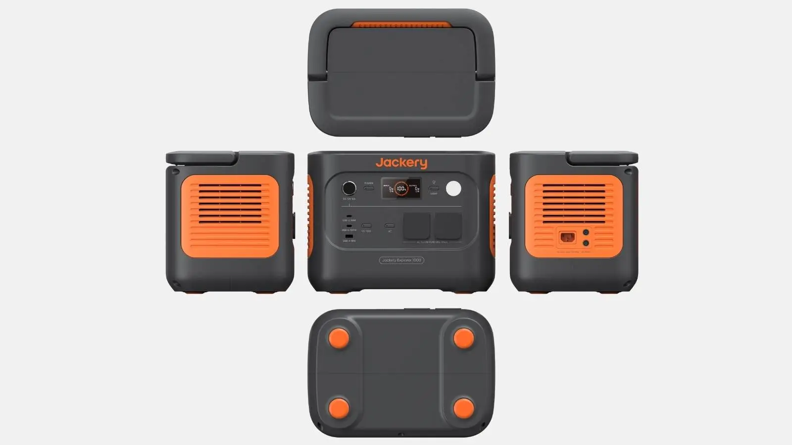 Jackery Explorer 1000 v2 Powerstation in mehreren Ansichten mit Anschlüssen und Tragegriff.