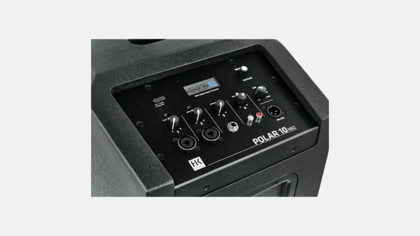 Anschlussfeld mit 4-Kanal-Mixer des HK Audio Polar 10 MK2 Säulensystems in der Detailansicht.