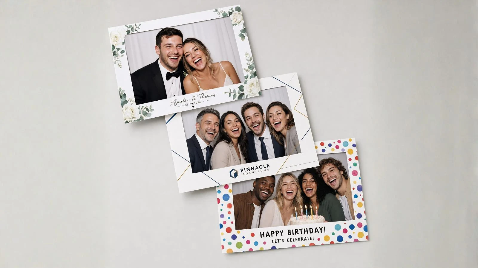 Drei individuelle Foto-Layouts der Fotobox mit personalisierten Rahmen für Hochzeit, Firmenevent und Geburtstag.