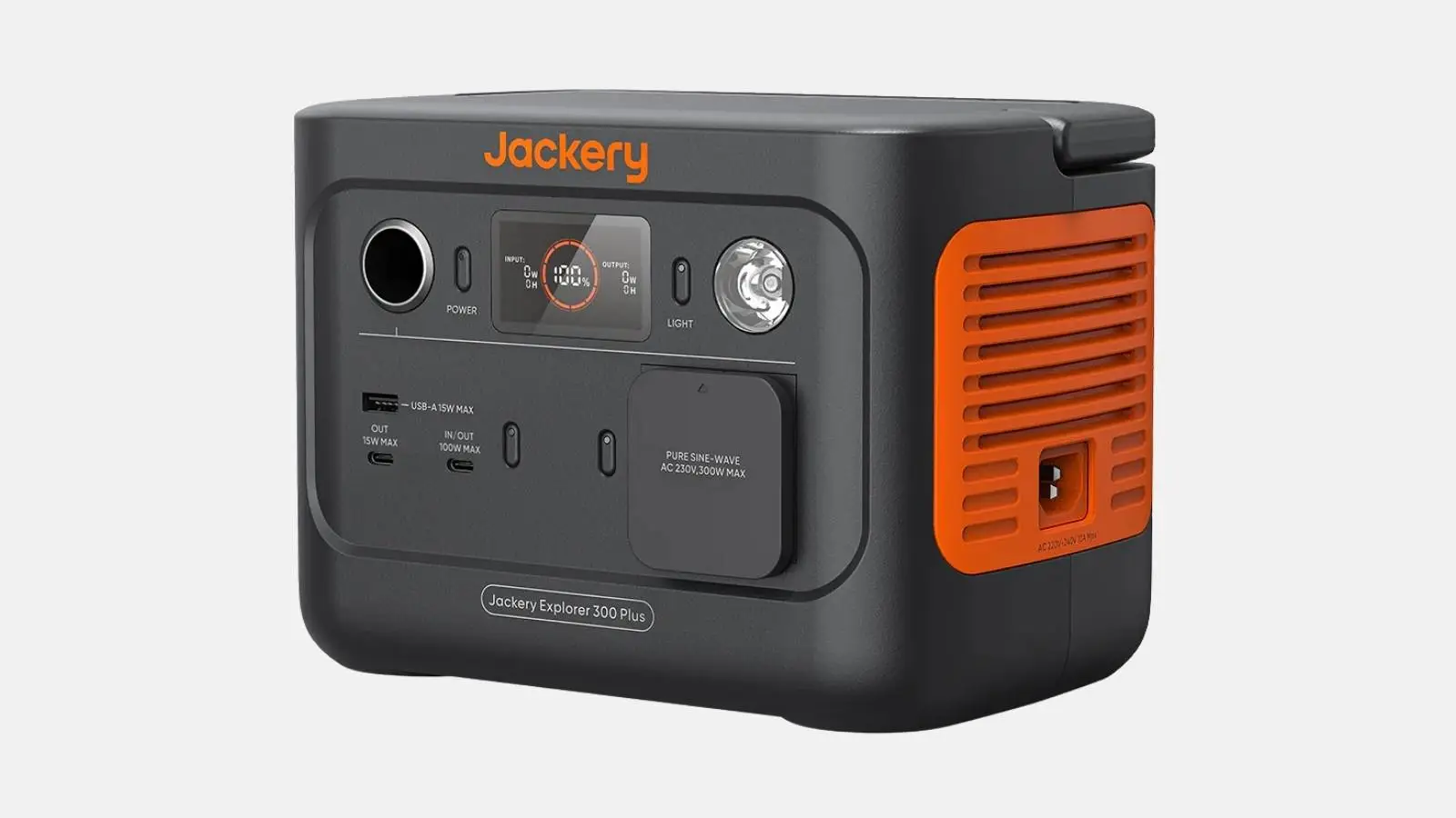 Jackery Explorer 300 Plus Powerstation in Schwarz mit orangefarbener Seite, Display und Anschlüssen vor weißem Hintergrund.