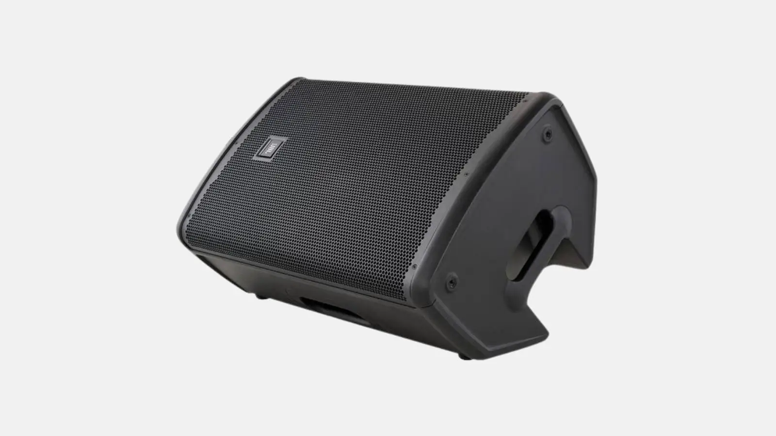 JBL EON715 Fullrange Lautsprecher in Schwarz in Monitor-Schrägstellung mit Tragegriff vor grauem Hintergrund.