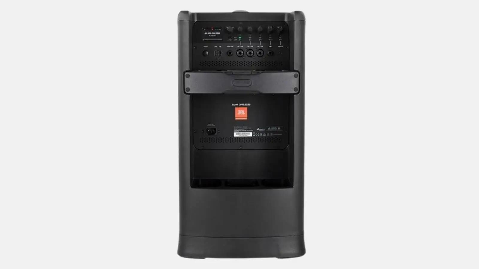 JBL EON ONE MK2 Akku-Säulensystem von hinten mit Digitalmixer und Anschlussfeld vor grauem Hintergrund.
