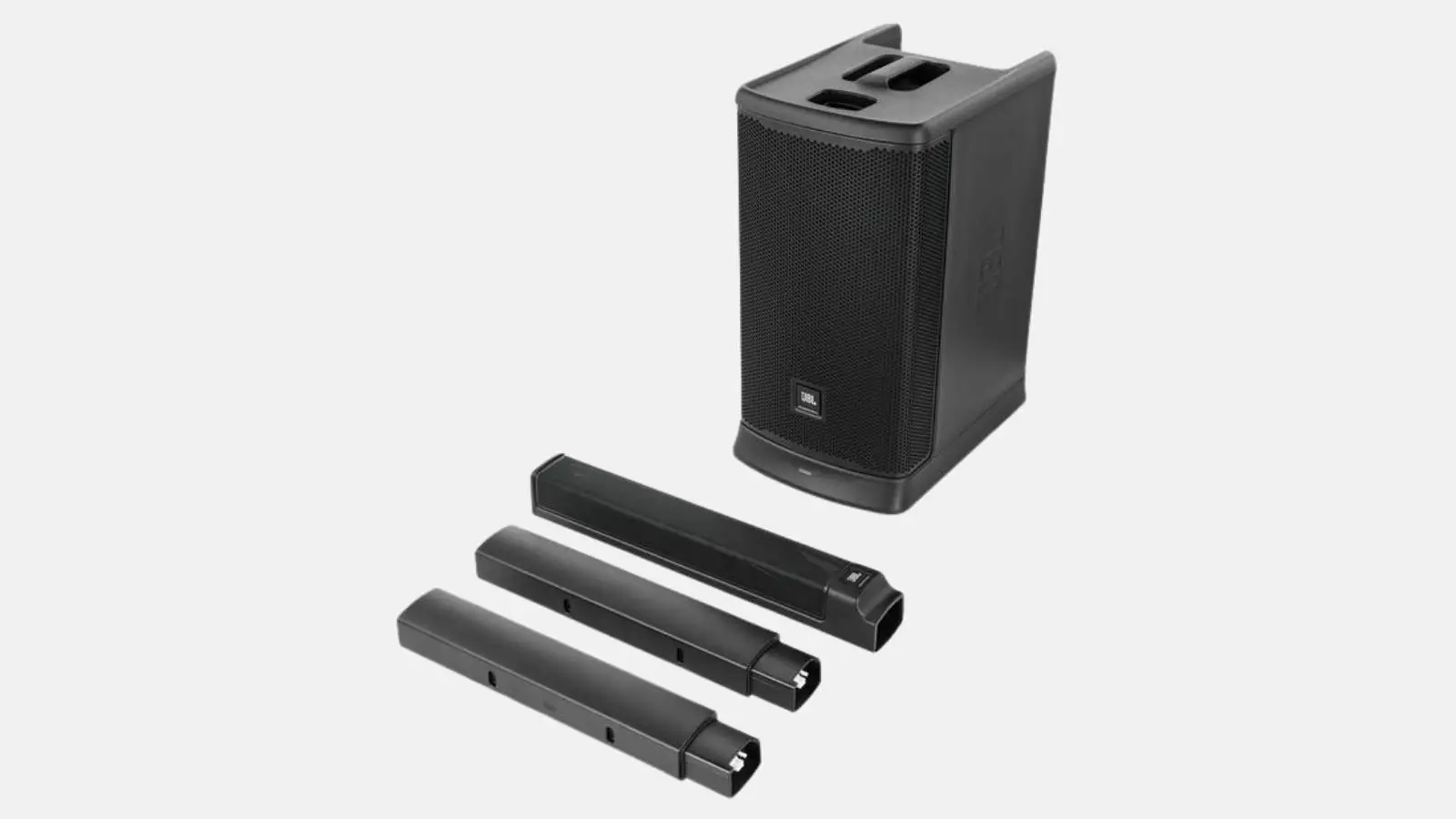 JBL EON ONE MK2 Akku-Säulensystem mit Basislautsprecher und drei Säulenmodulen vor grauem Hintergrund.