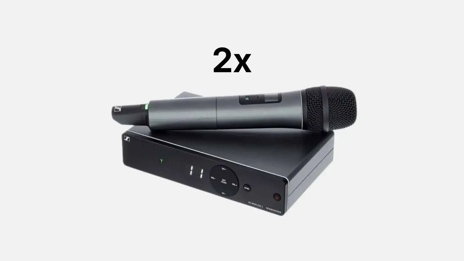 JBL Konzert PA-Paket mit zwei Sennheiser Funkmikrofonen und Empfänger vor grauem Hintergrund.