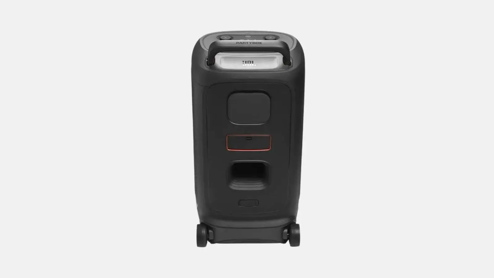 JBL PartyBox 520 Akku-Lautsprecher von hinten mit Transportrollen und Griff vor weißem Hintergrund.