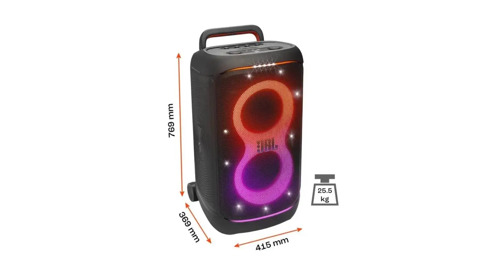 JBL PartyBox 520 Akku-Lautsprecher mit Lichtshow und Maßangaben vor weißem Hintergrund.