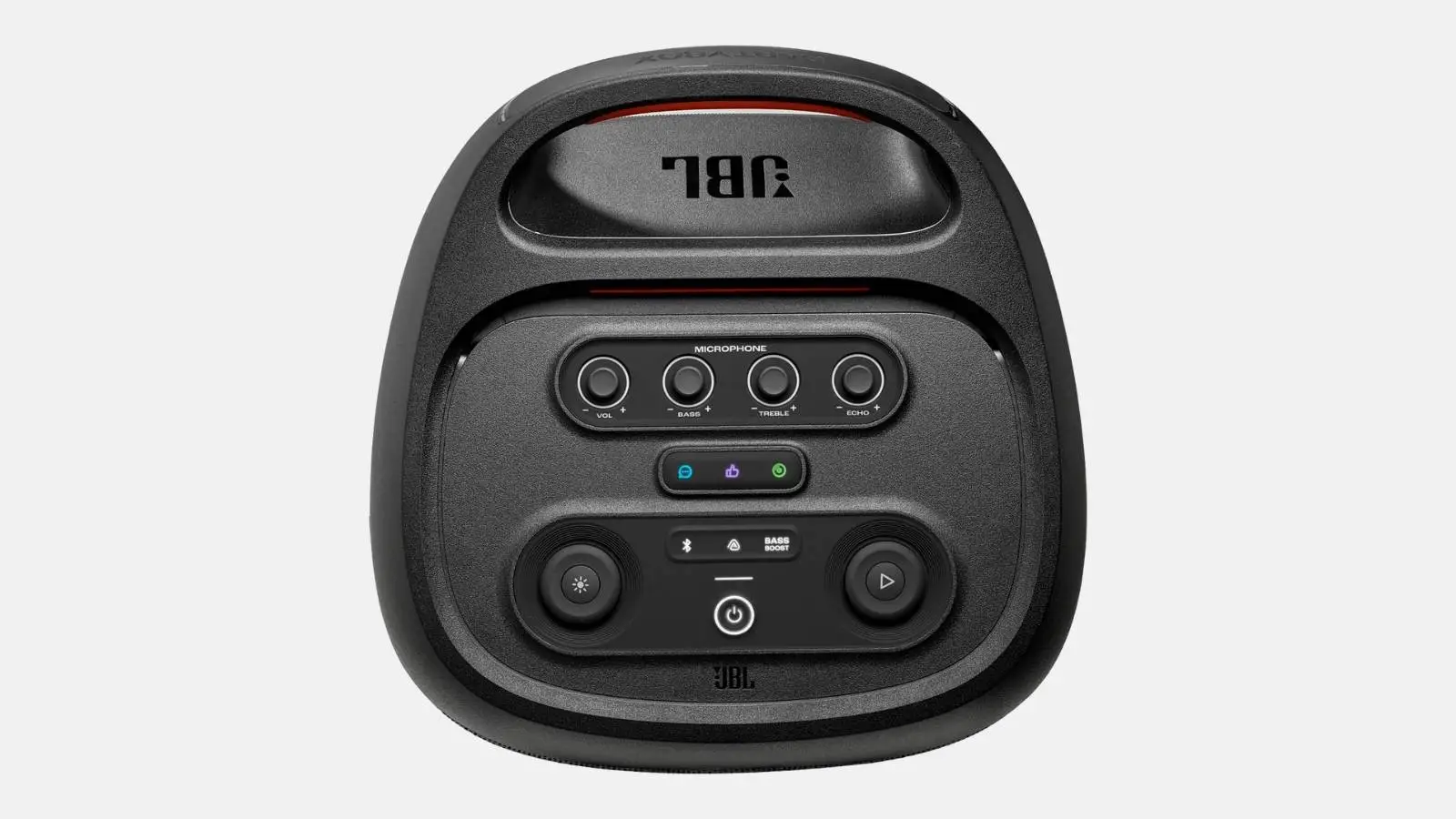 Bedienfeld des JBL PartyBox 720 Akku-Lautsprechers von oben mit Reglern und Mikrofoneingang.