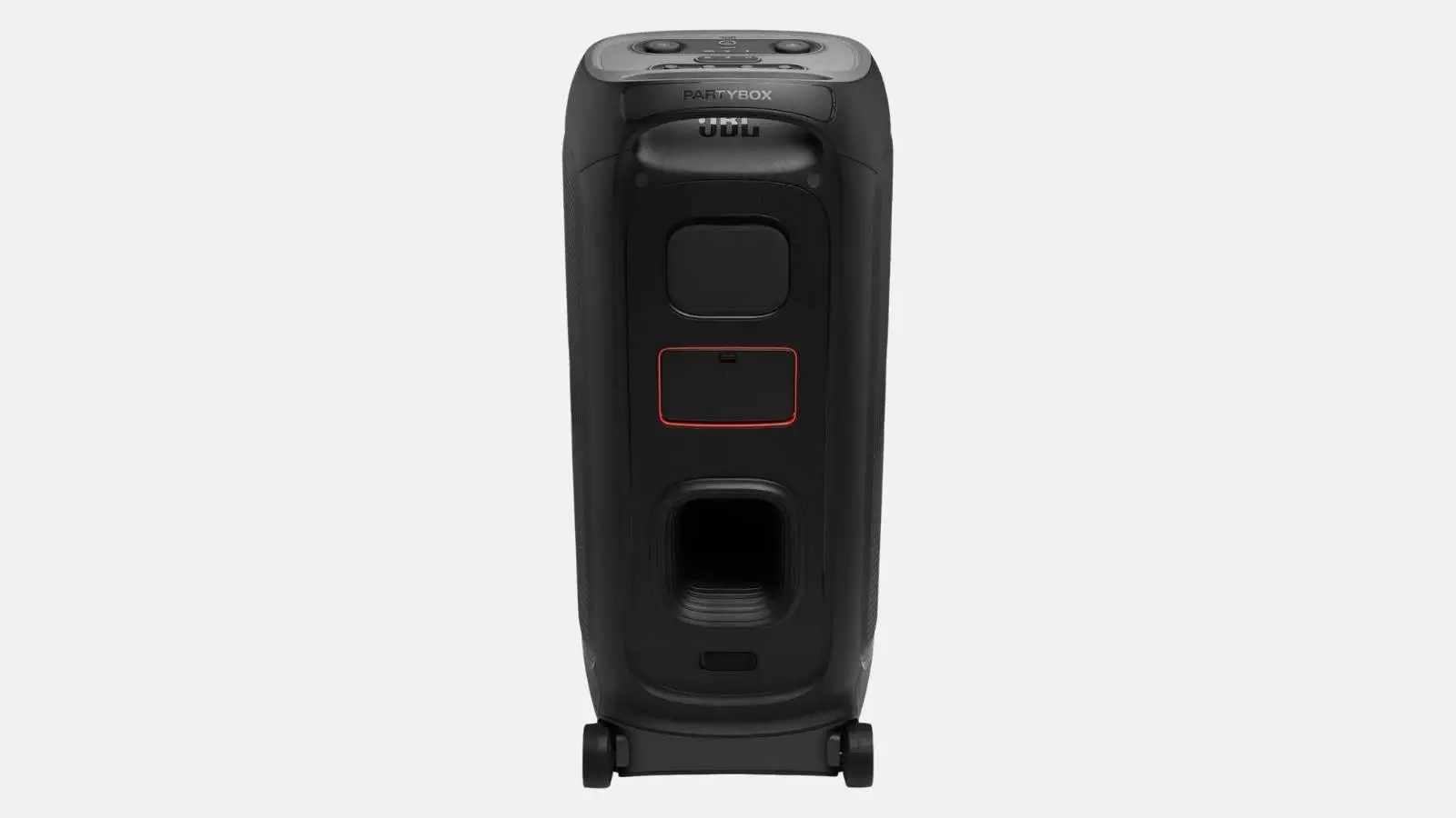JBL PartyBox 720 Akku-Lautsprecher von hinten mit Anschlussfeld und Transportrollen vor weißem Hintergrund.