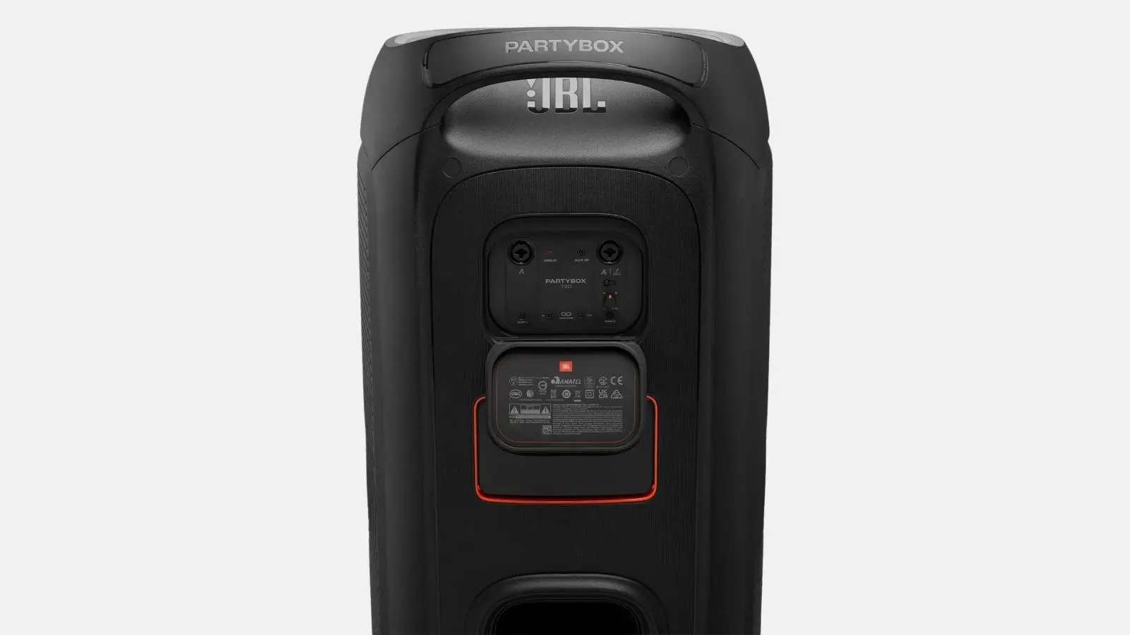 Anschlussfeld des JBL PartyBox 720 Akku-Lautsprechers in Nahaufnahme mit Kabelanschlüssen.