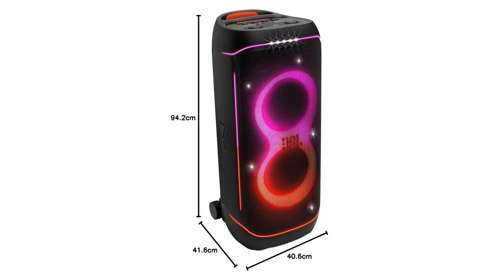 JBL PartyBox 720 Akku-Lautsprecher mit Lichtshow und Maßangaben in Zentimetern vor weißem Hintergrund.