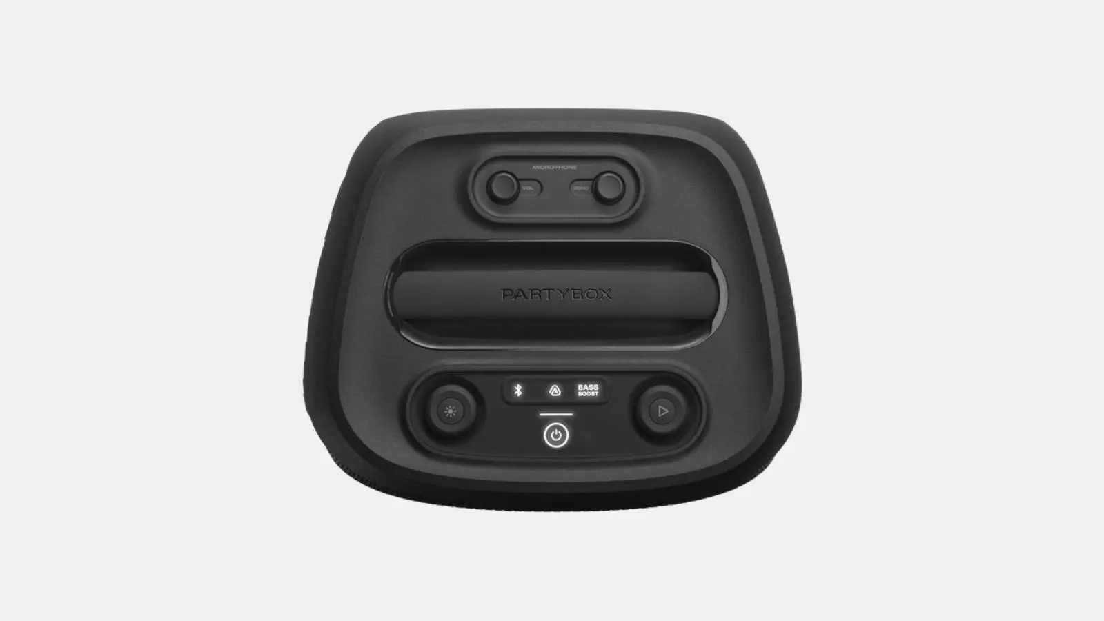 Bedienfeld des JBL PartyBox Encore 2 Akku-Lautsprechers von oben mit Mikrofoneingängen und Bass-Boost.