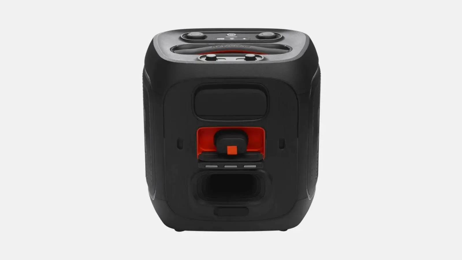 JBL PartyBox Encore 2 Akku-Lautsprecher von hinten mit rotem Akzent und Griffmulde vor weißem Hintergrund.