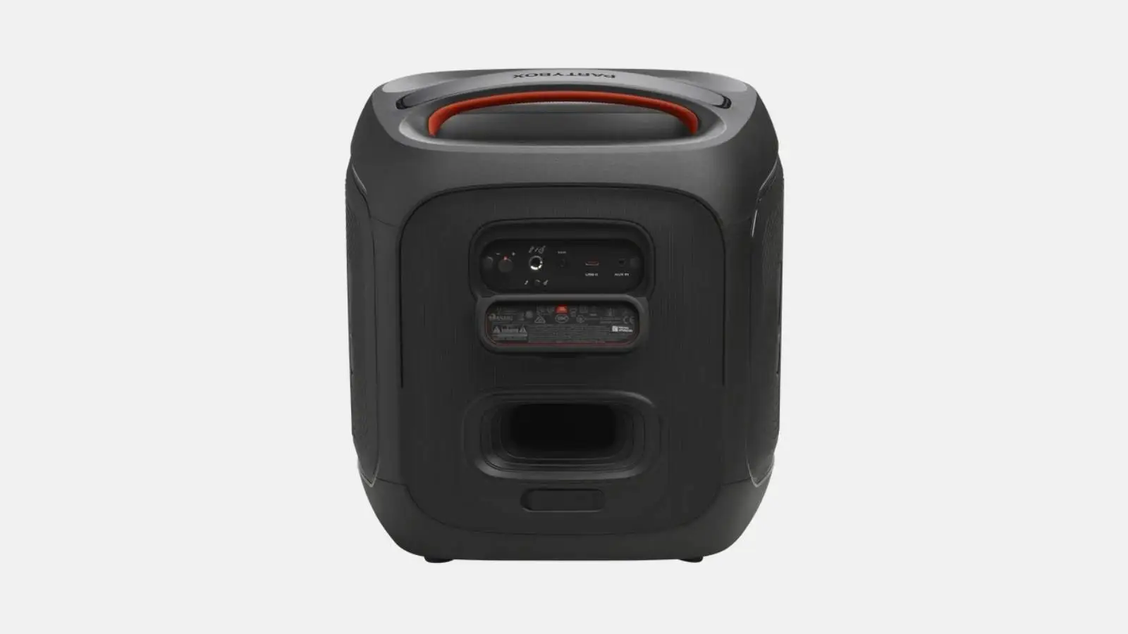 JBL PartyBox Encore Essential 2 Akku-Lautsprecher von hinten mit Anschlussfeld vor weißem Hintergrund.