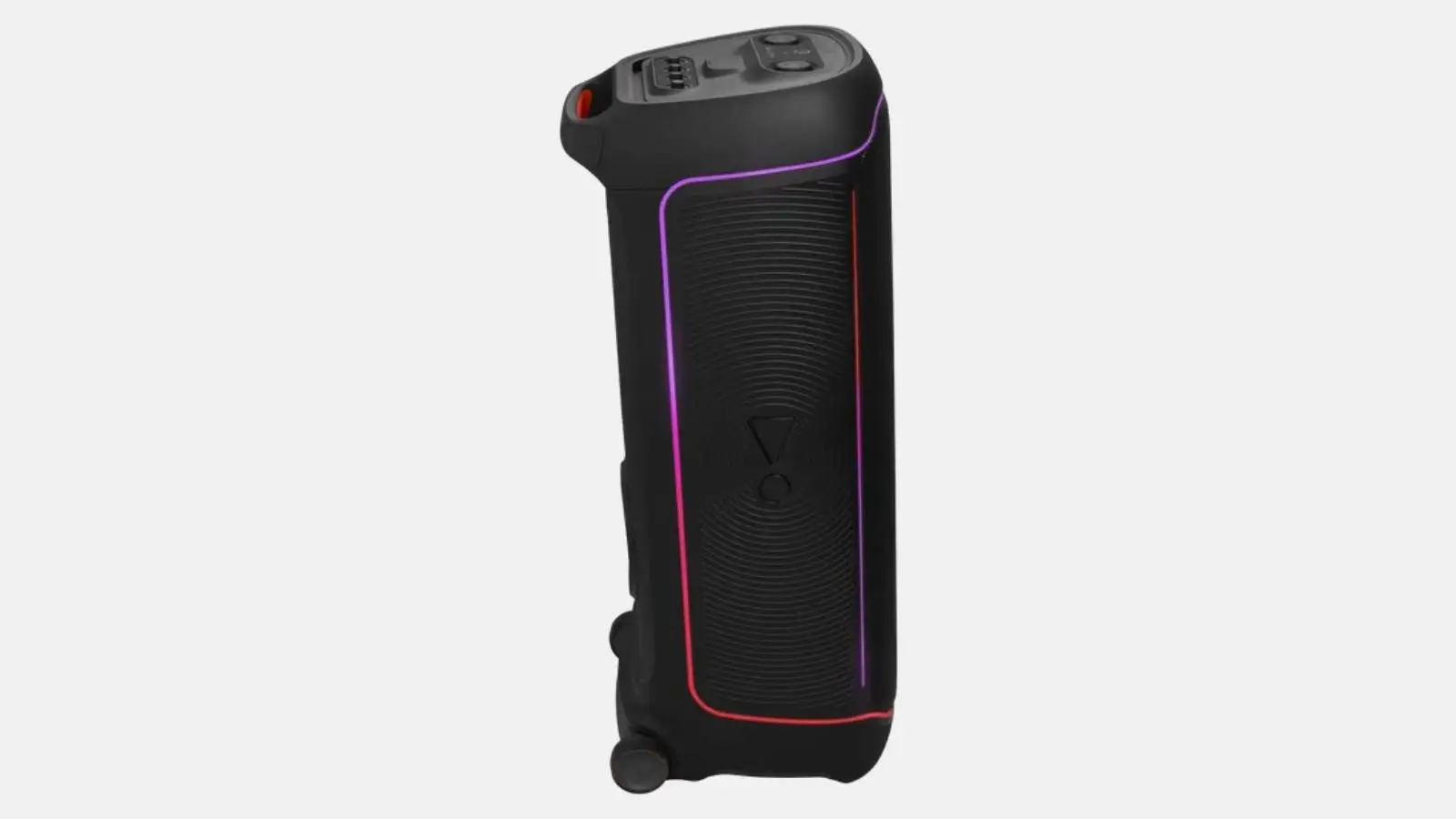 JBL PartyBox Ultimate Party-Lautsprecher seitlich mit RGB-Beleuchtung und Transportrollen vor weißem Hintergrund.