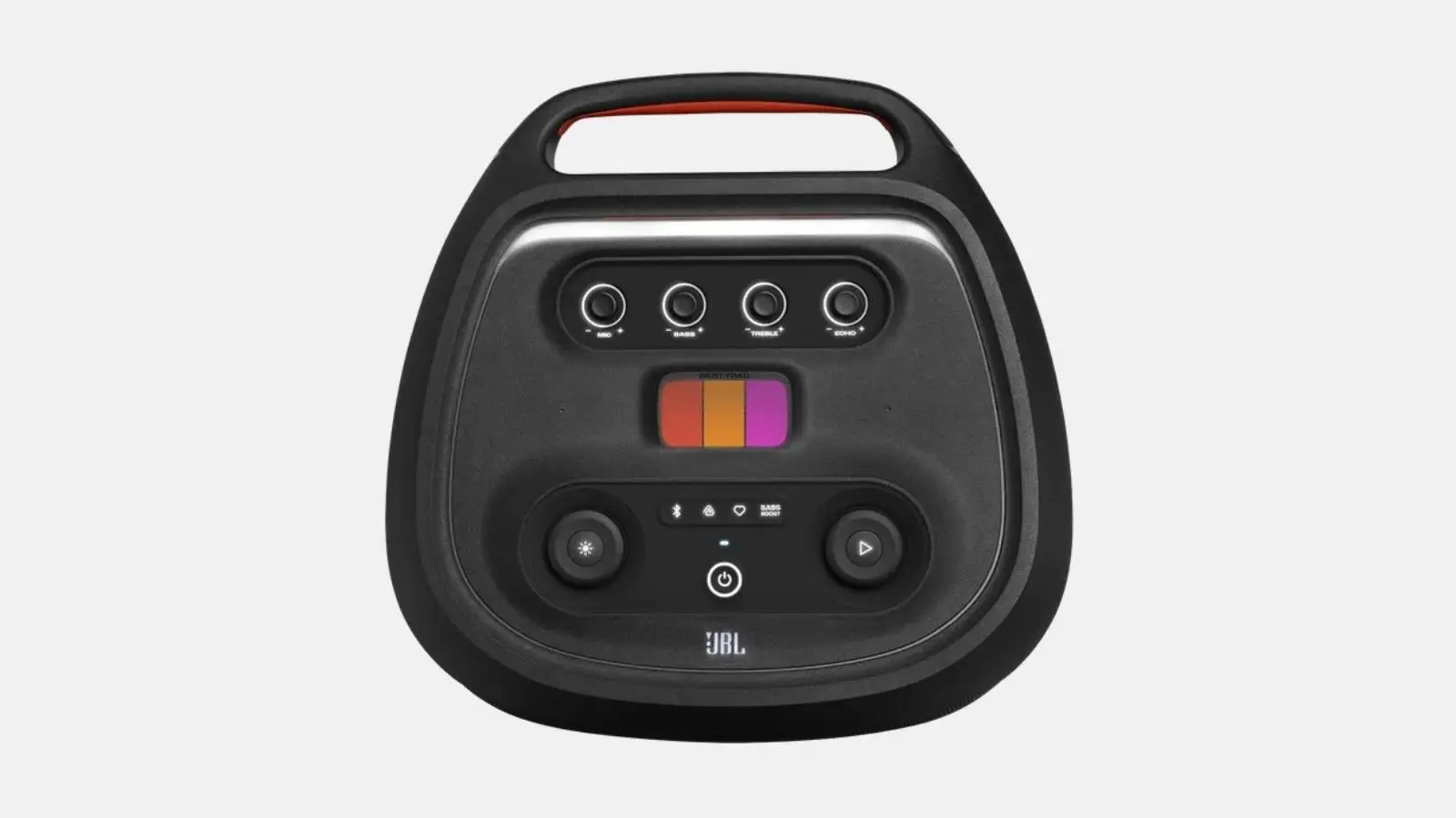 Bedienfeld des JBL PartyBox Ultimate Party-Lautsprechers von oben mit Reglern und Farbdisplay.