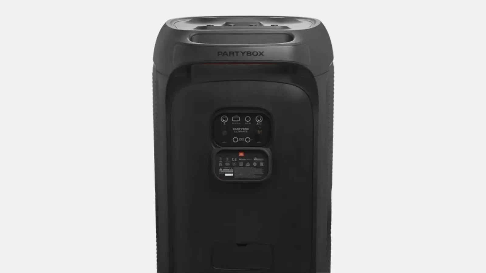 JBL PartyBox Ultimate Party-Lautsprecher von hinten mit Anschlussfeld und Tragegriff vor weißem Hintergrund.
