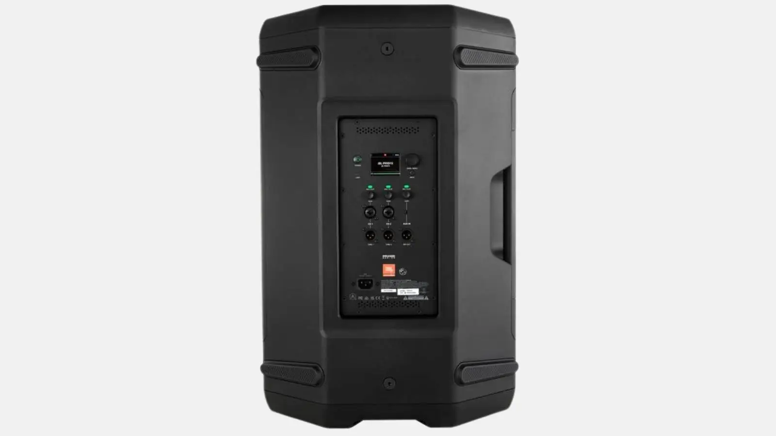 JBL PRX915 Fullrange-Lautsprecher von hinten mit DSP-Panel und Anschlussfeld vor weißem Hintergrund.