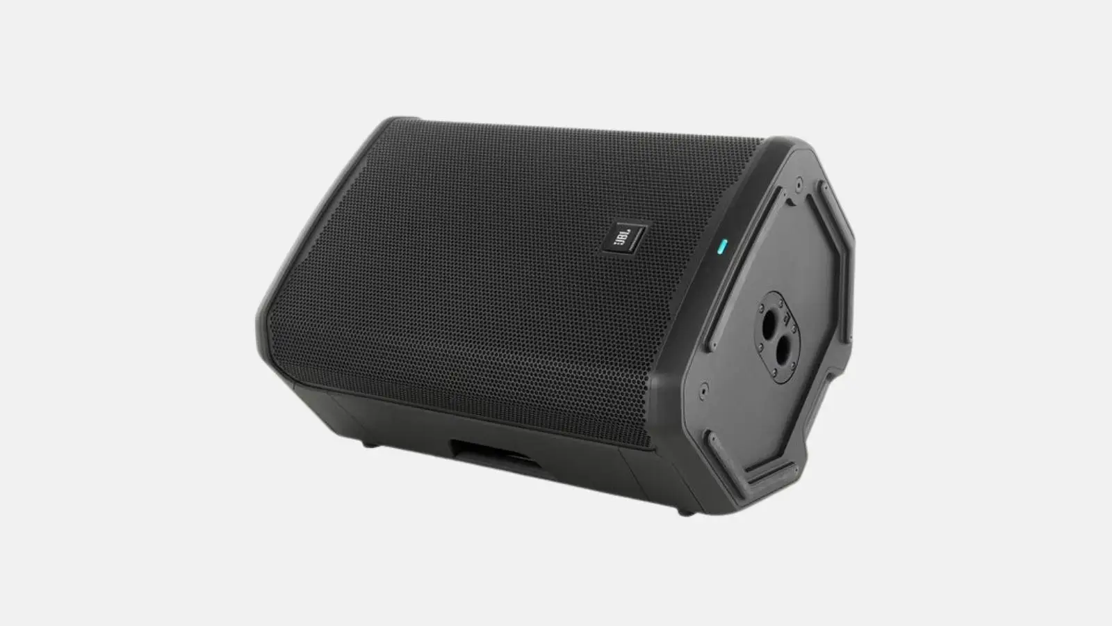JBL PRX915 Fullrange-Lautsprecher schräg von vorne in Schwarz mit blauer LED vor weißem Hintergrund.
