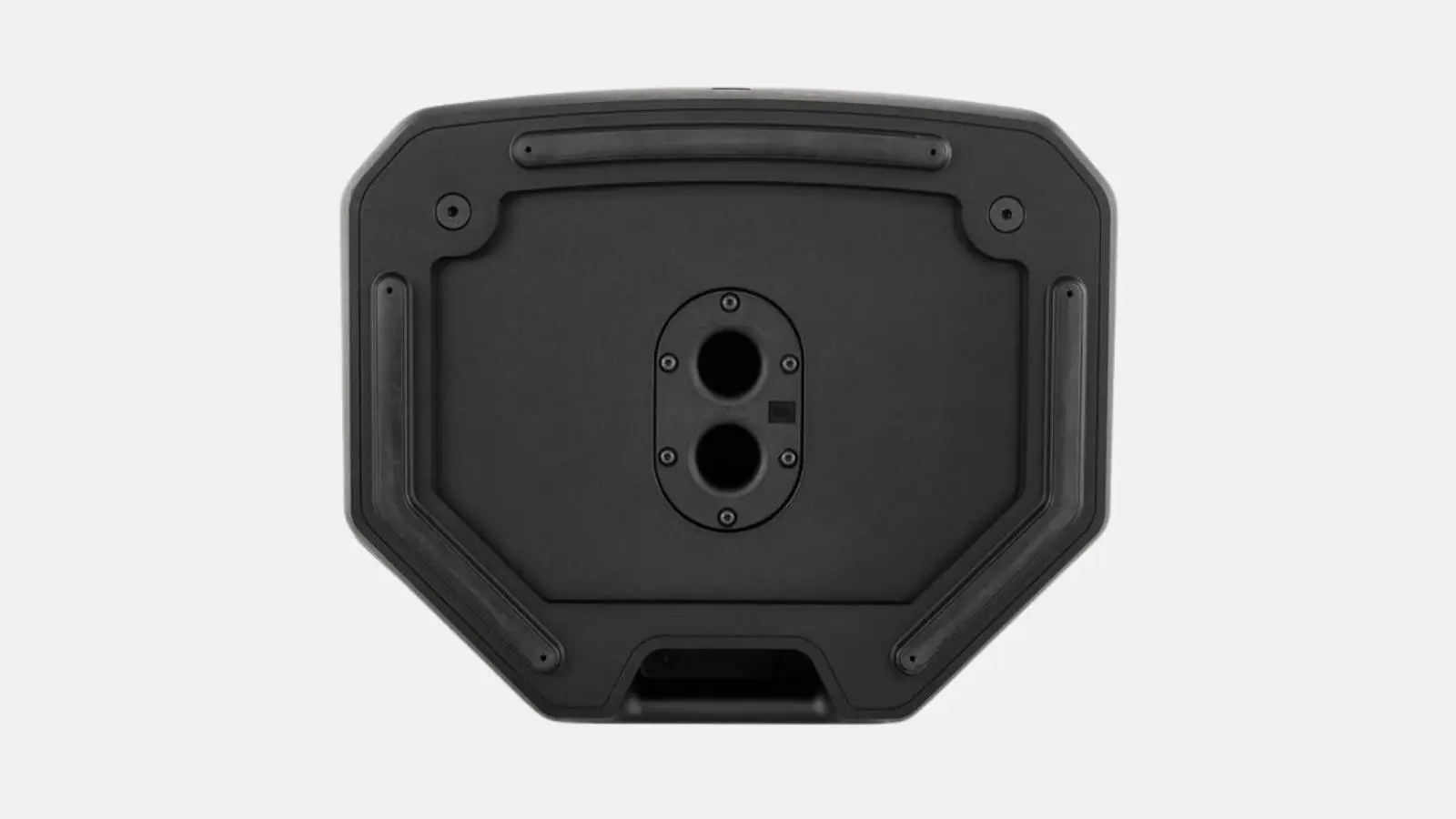 Unterseite des JBL PRX915 Fullrange-Lautsprechers mit Stativflansch vor weißem Hintergrund.