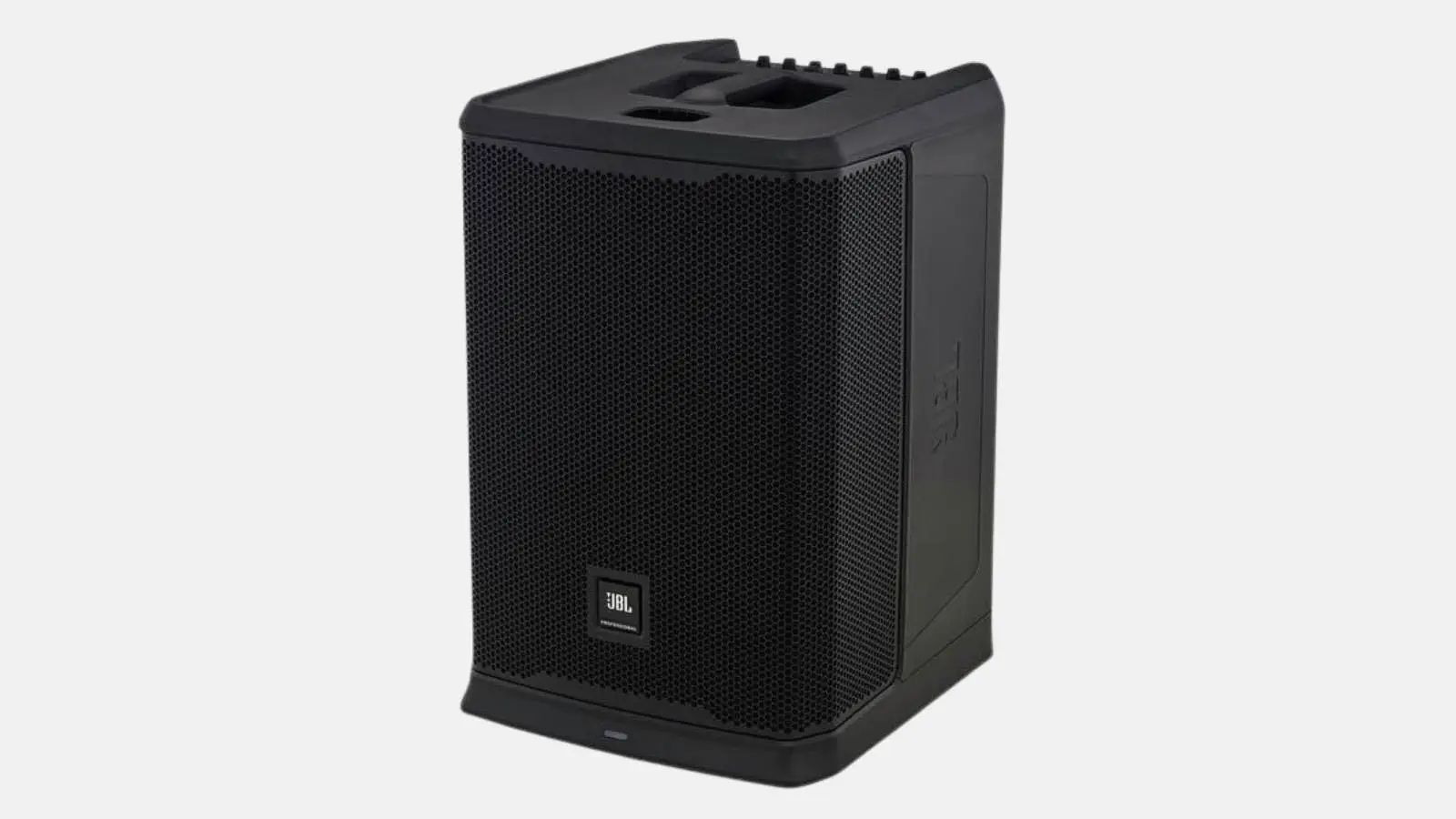 JBL PRX ONE Säulensystem, schwarze Basisstation mit integriertem Mixer und Tragegriff, schräg von vorne vor weißem Hintergrund.