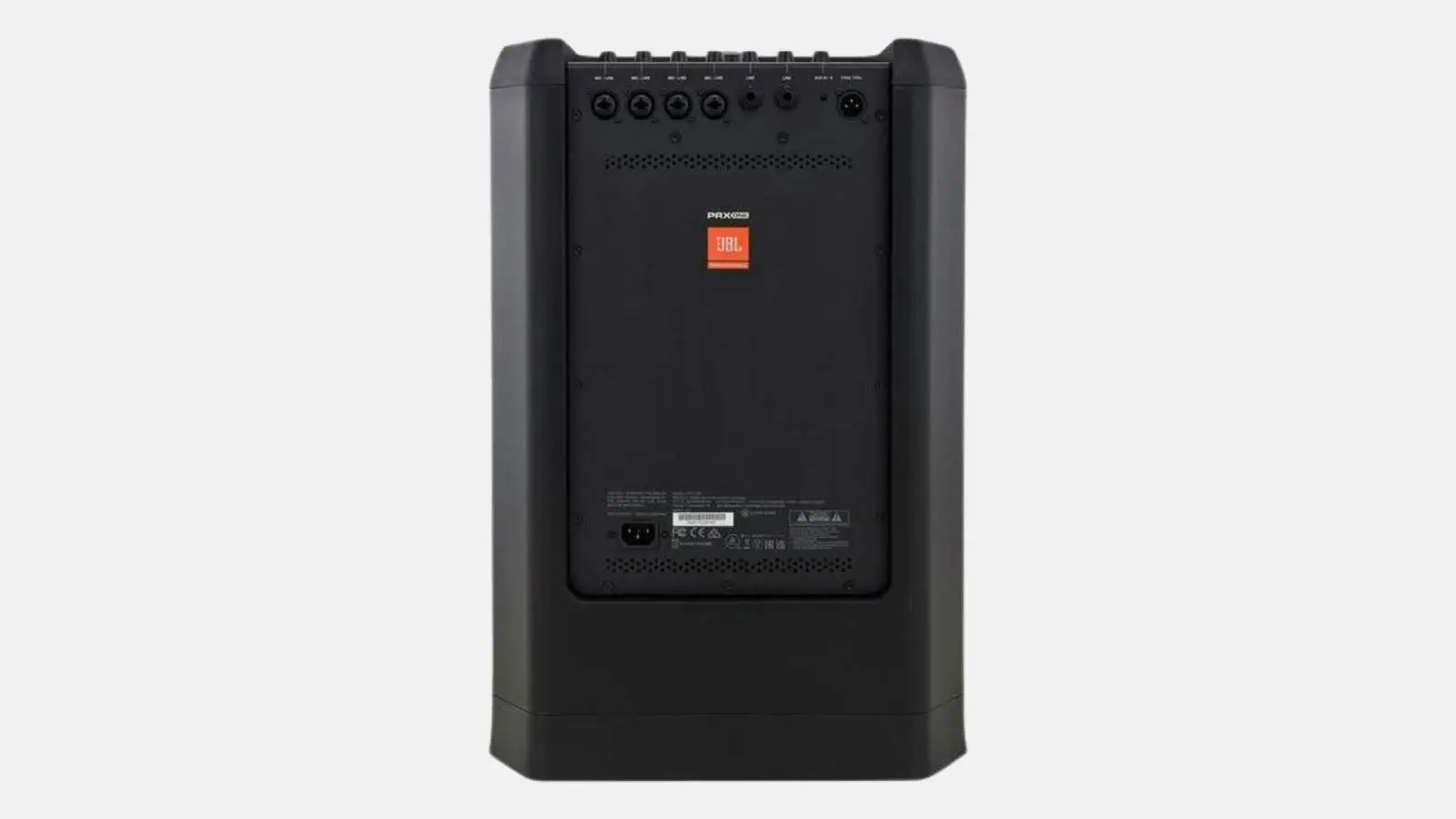Rückseite des JBL PRX ONE Säulensystems mit Anschlussfeld und XLR-Eingängen vor weißem Hintergrund.