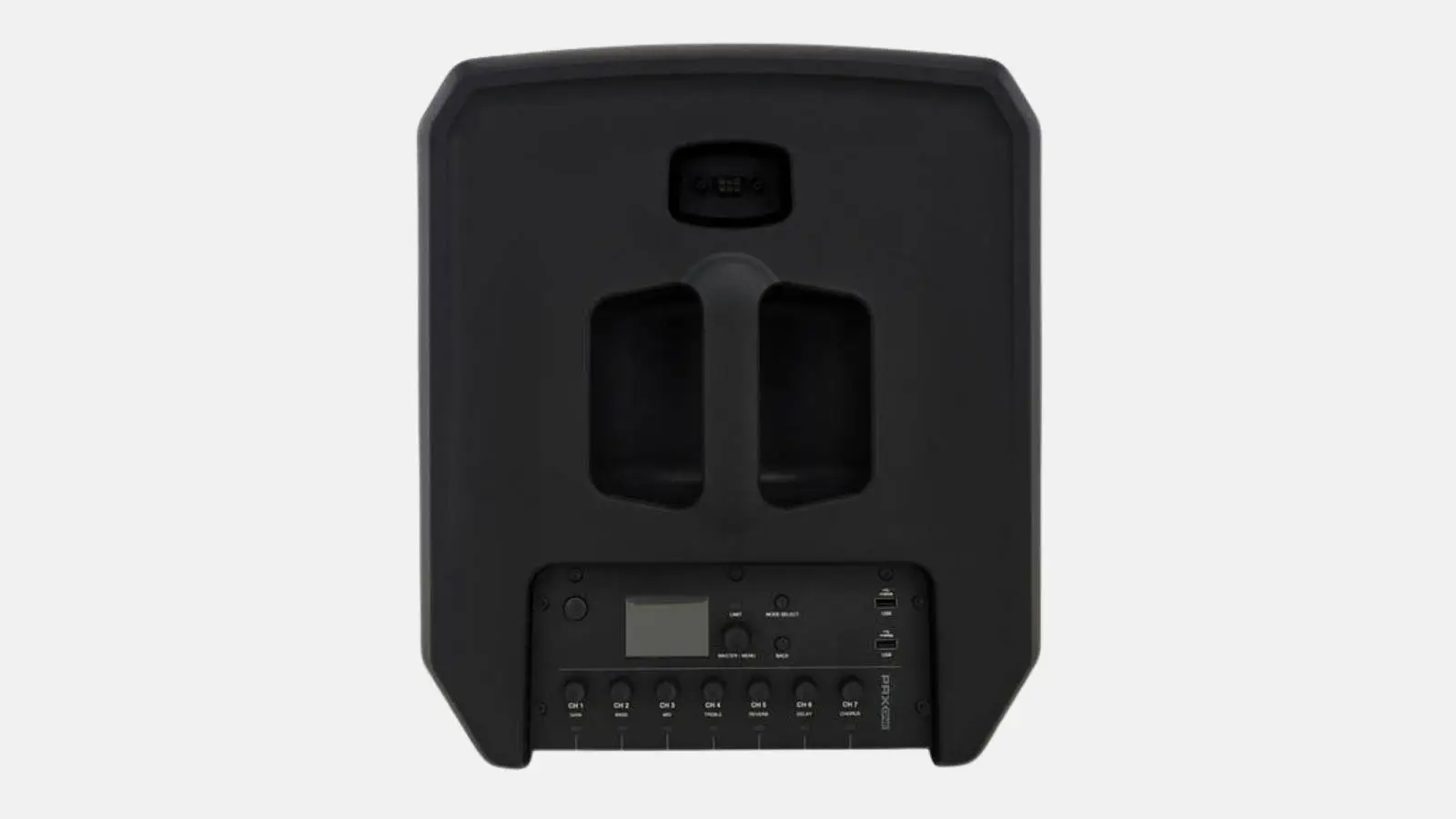 JBL PRX ONE Basisstation von hinten mit Stangenaufnahmen und 7-Kanal-Digitalmixer mit Display vor weißem Hintergrund.