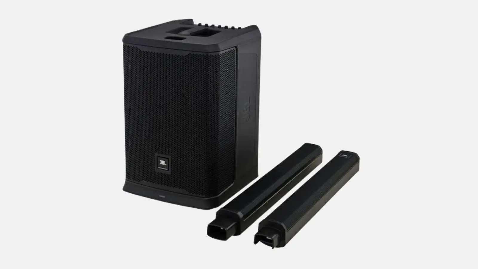 JBL PRX ONE Säulensystem komplett mit Basisstation und zwei Line-Array-Stangenelementen vor weißem Hintergrund.