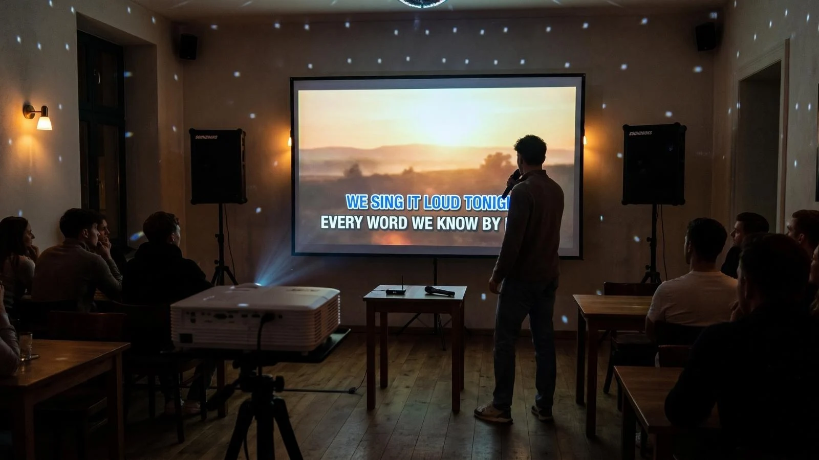Karaoke Paket im Einsatz, Sänger mit Mikrofon vor Leinwand mit Songtext, Beamer und Lautsprecher im Raum.