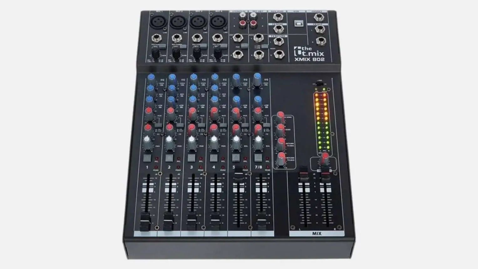 t.mix xmix 802 Mischpult aus dem Konzert PA Paket mit Kanalzügen, Reglern und LED-Pegelanzeige vor grauem Hintergrund.