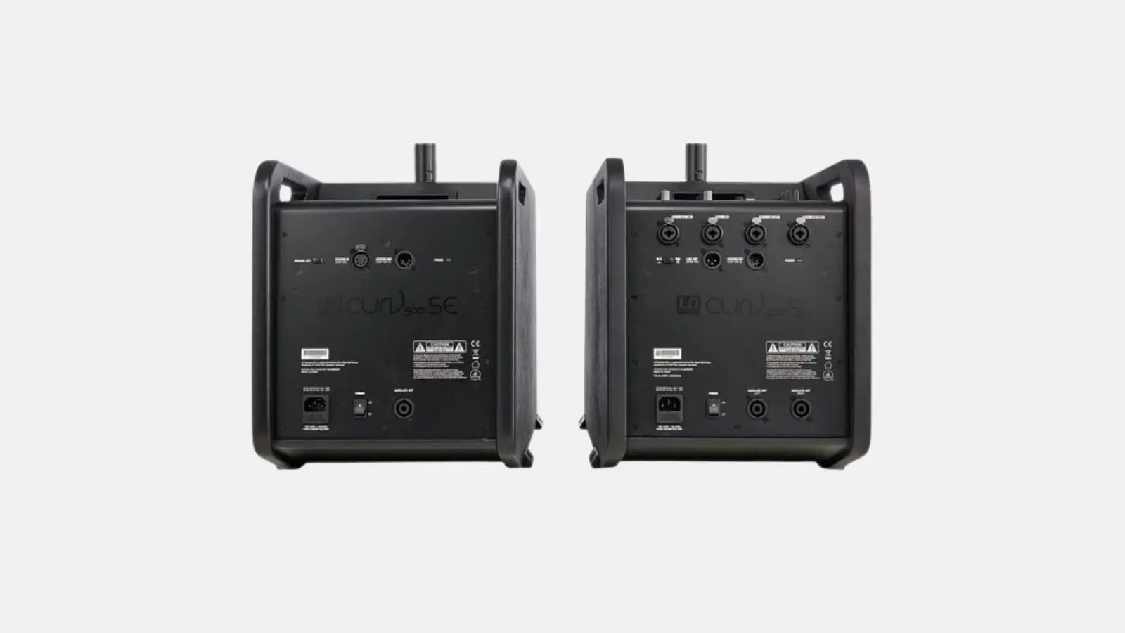 Zwei Basiseinheiten des LD Systems CURV 500 PS Säulensystems in Rückansicht mit Anschlussfeldern in Schwarz.