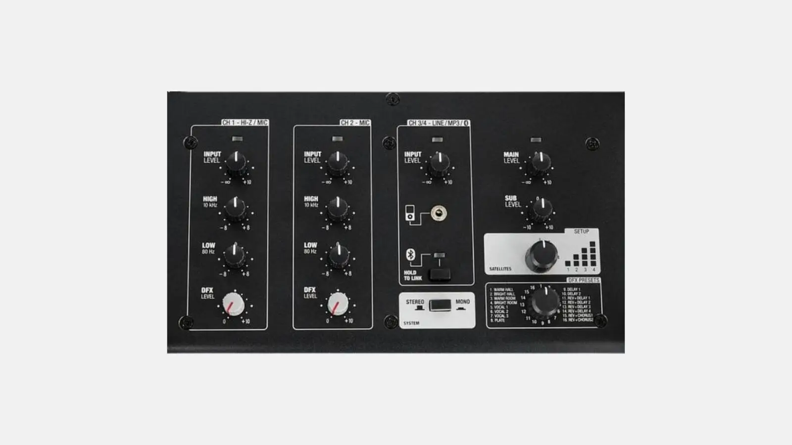 Nahaufnahme des 4-Kanal-Mixers am LD Systems CURV 500 PS Säulensystem mit Input- und DFX-Reglern.