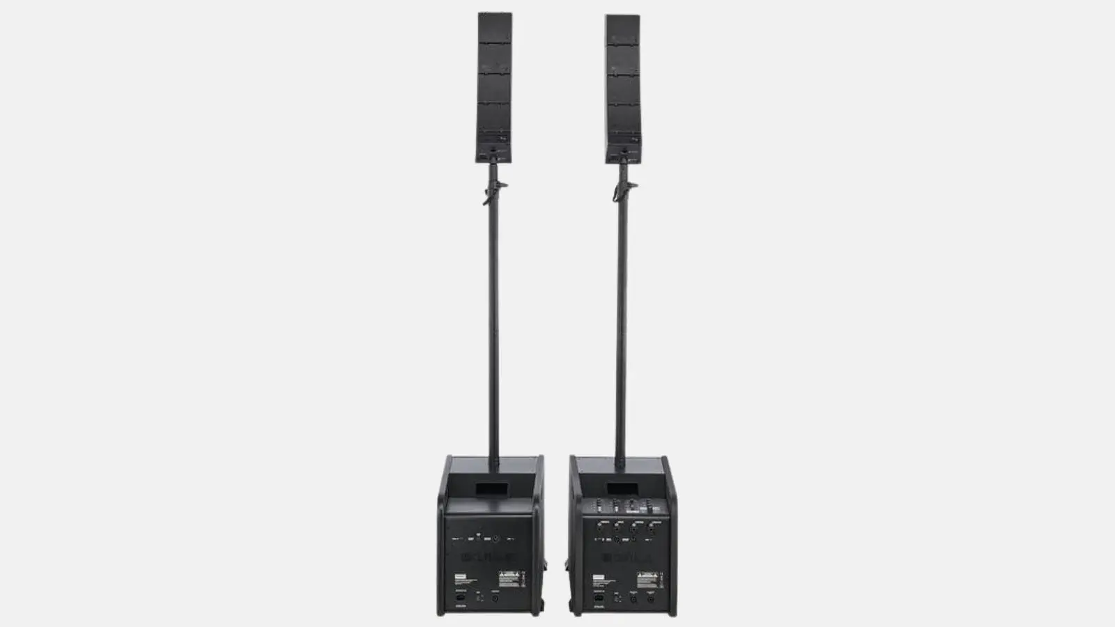 LD Systems CURV 500 PS Säulensystem mit zwei Line-Array-Satelliten auf Stativen und Basiseinheiten in Schwarz.