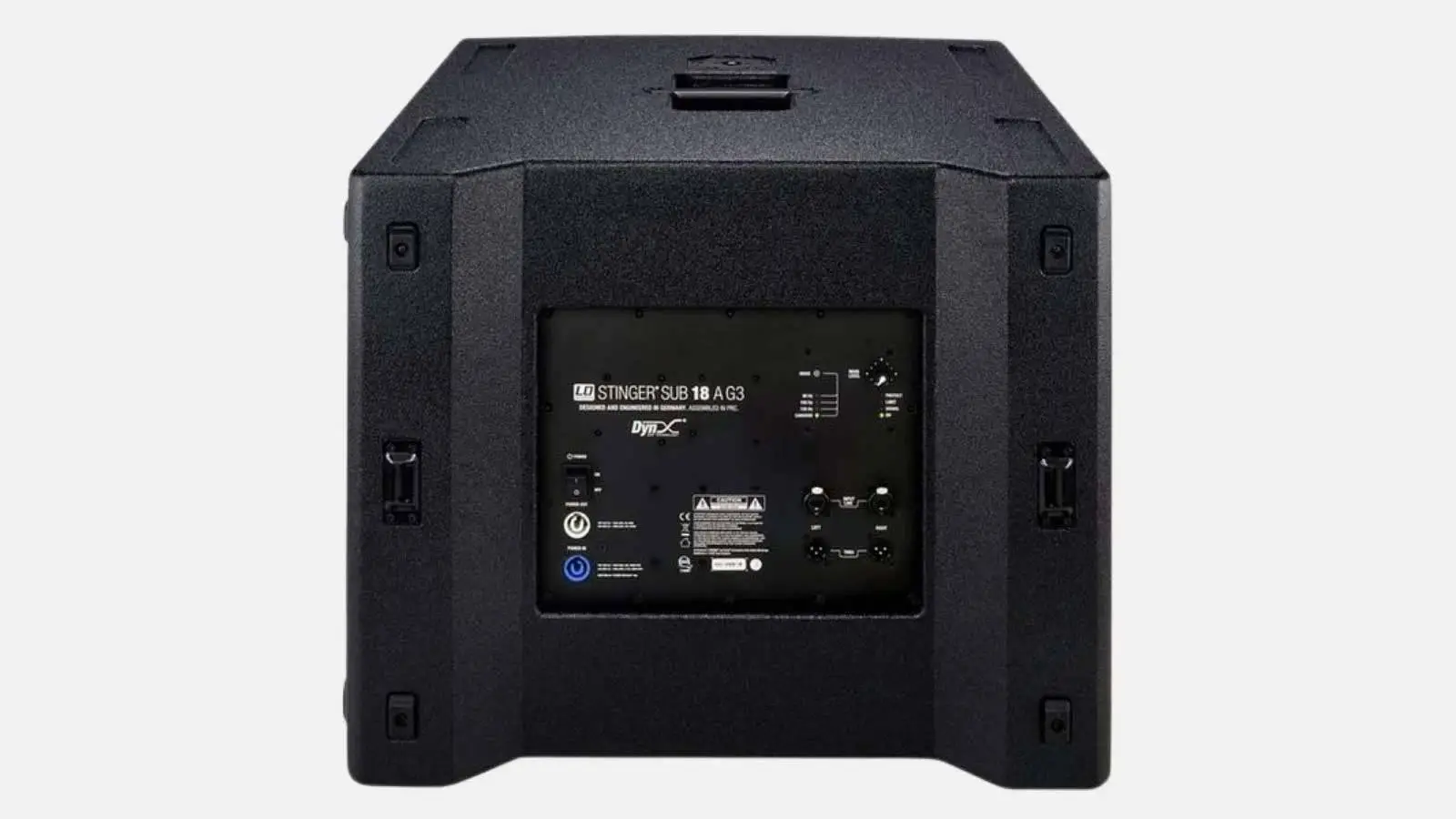 LD Systems Konzert PA Paket, 18 Zoll Subwoofer in Schwarz mit Verstärkerpanel in der Rückansicht.