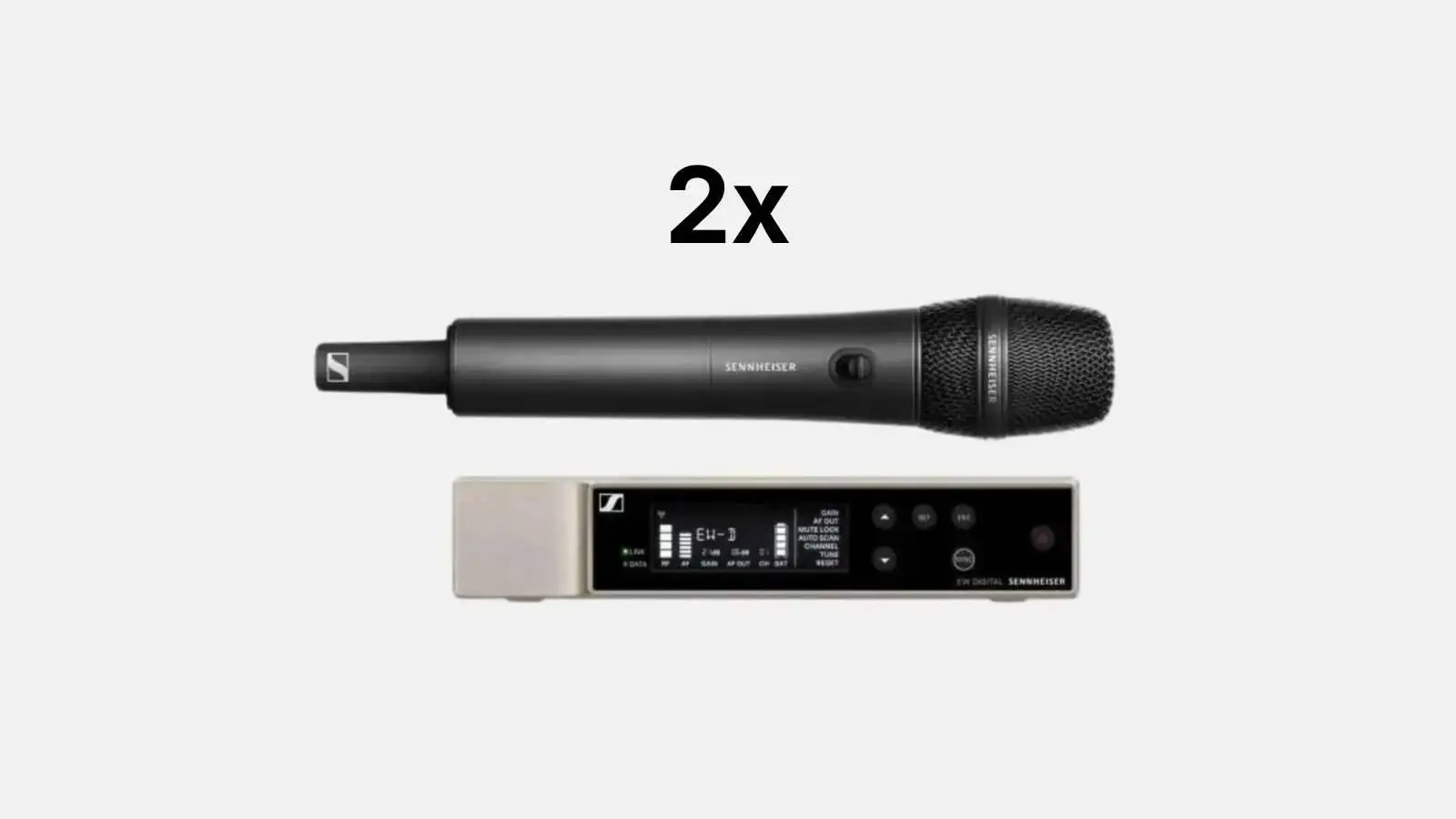 LD Systems Konzert PA Paket mit zwei Sennheiser Funkmikrofonen und Empfänger vor weißem Hintergrund.