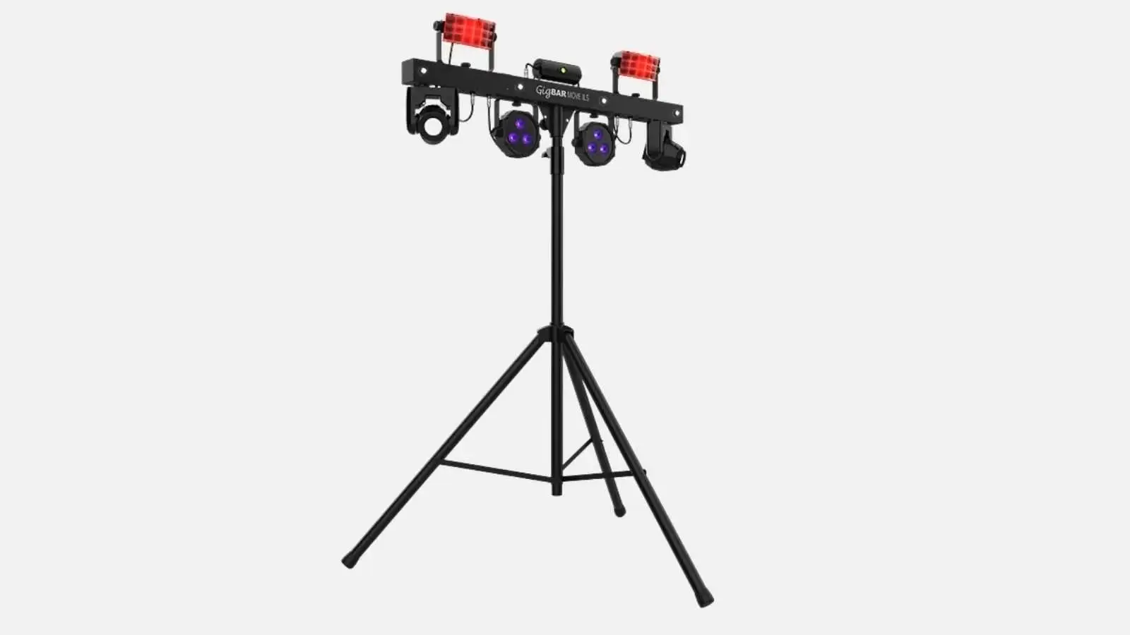 Chauvet GigBAR Move 5-in-1 Lichtset auf Stativ mit Movingheads und Effektstrahlern vor weißem Hintergrund.