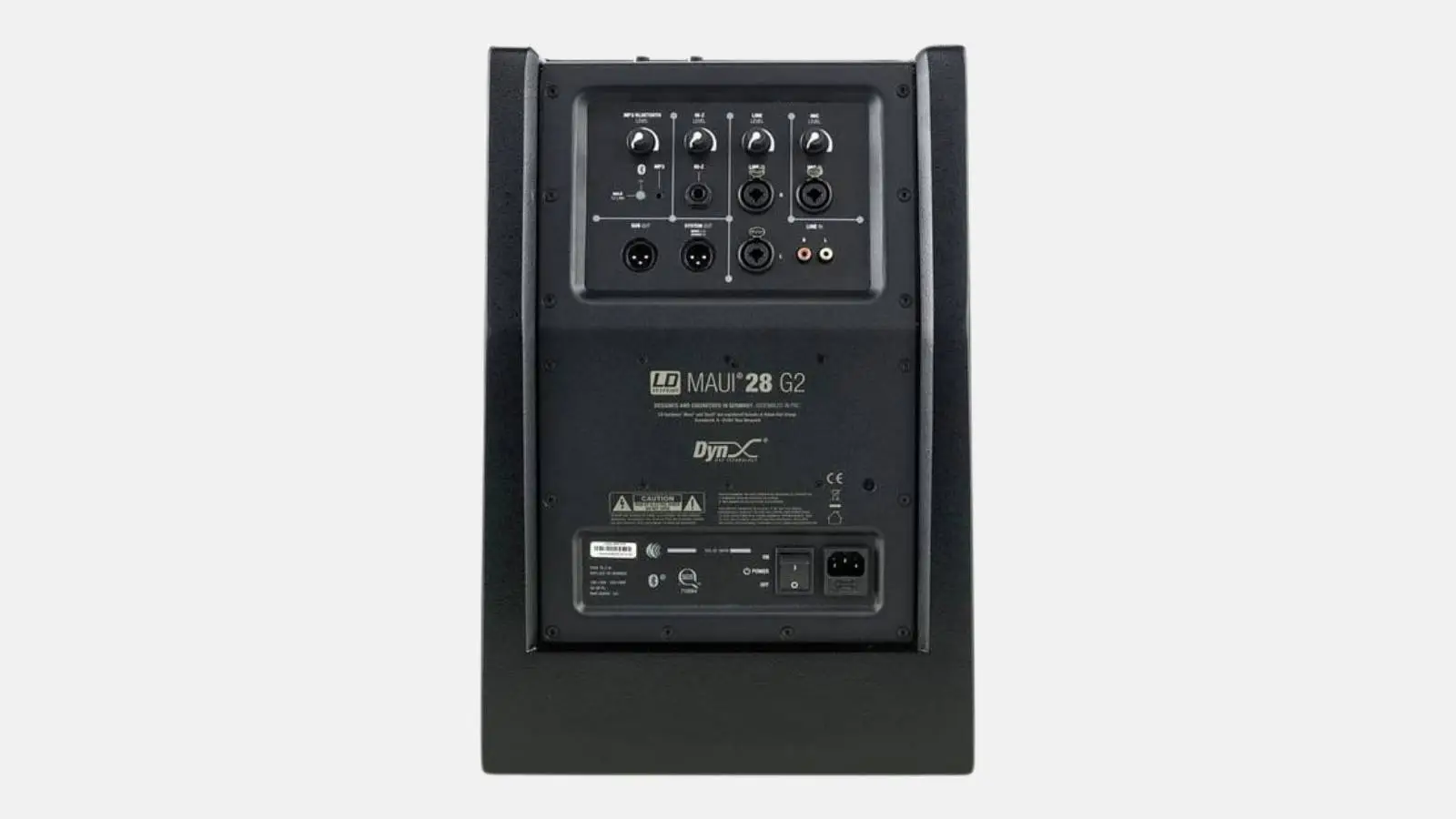 LD Systems Maui 28 G2 Säulensystem, Rückseite des Subwoofers mit integriertem Mixer und Anschlüssen.