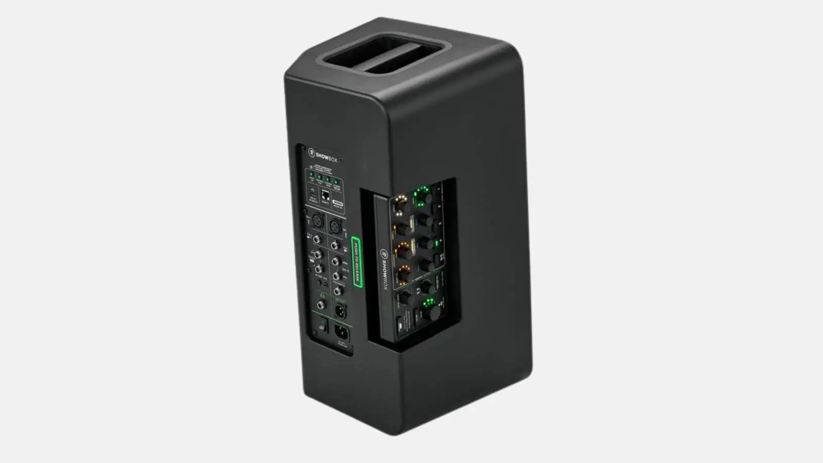 Mackie ShowBox Akku-PA in Schwarz mit sichtbarem Anschlussfeld und Digitalmixer von hinten.