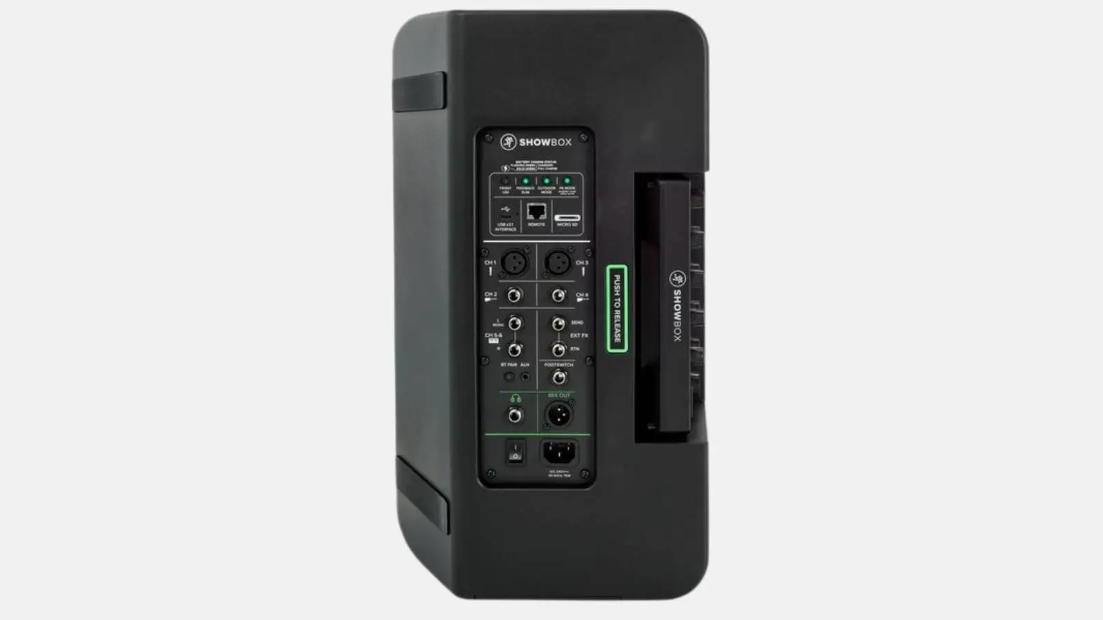 Mackie ShowBox Akku-PA in Schwarz mit Bedienfeld und Mixer-Einschub, seitliche Ansicht.