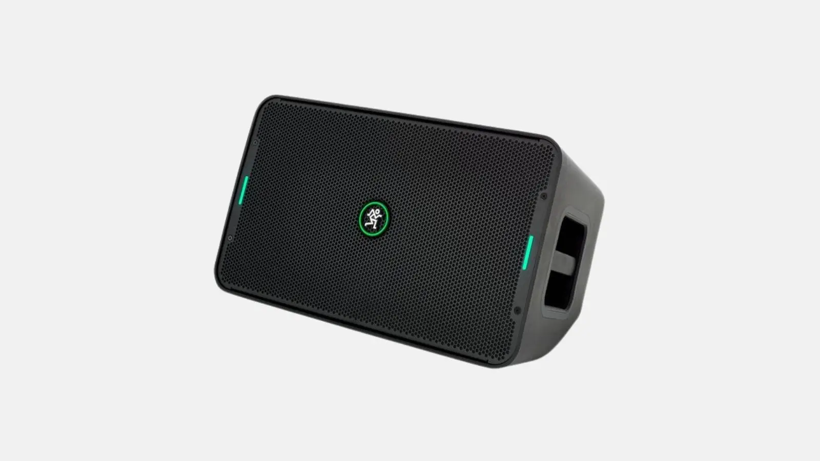 Mackie ShowBox Akku-PA in Schwarz liegend mit Lautsprechergrill und Mackie-Logo.