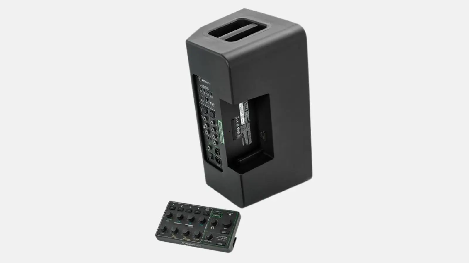 Mackie ShowBox Akku-PA in Schwarz mit abnehmbarem 6-Kanal-Digitalmixer daneben.