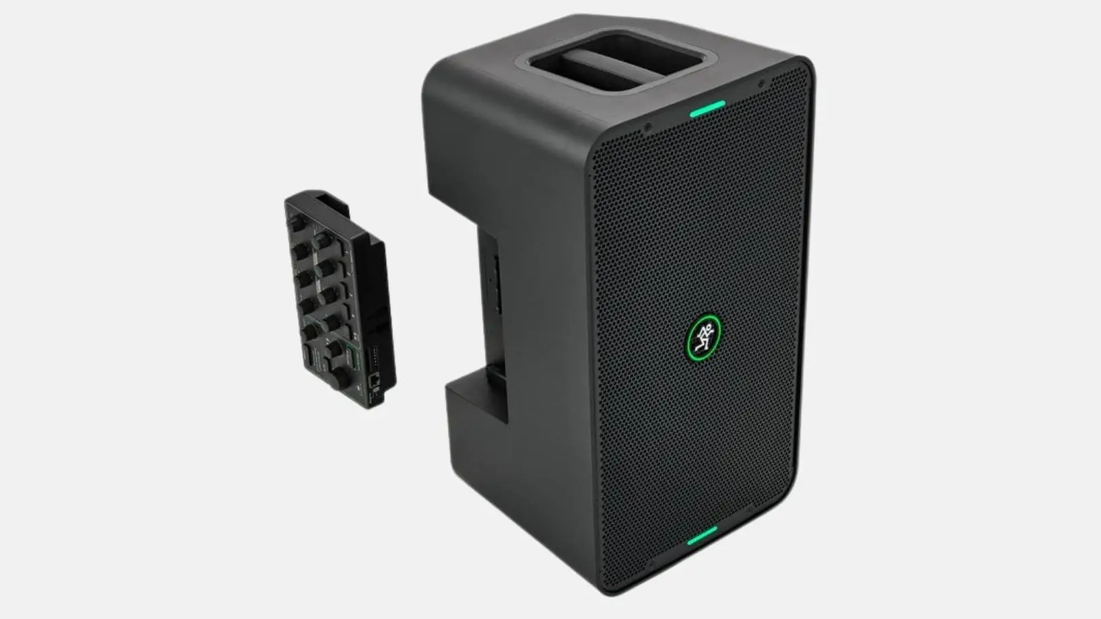 Mackie ShowBox Akku-PA in Schwarz mit herausgelöstem Digitalmixer, schräge Ansicht.