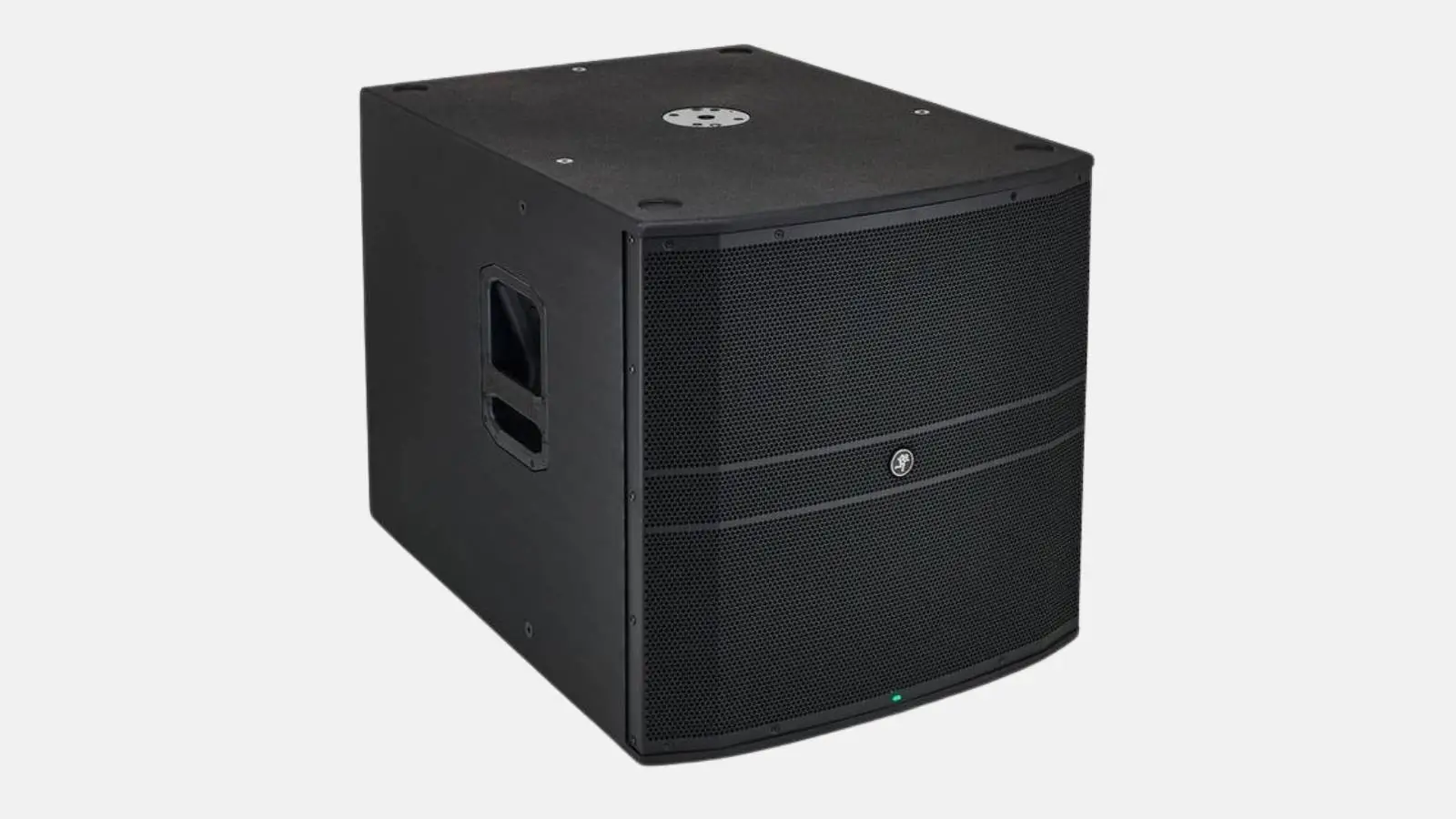 Mackie DRM 18S Subwoofer in Schwarz mit 18-Zoll-Bassreflex, seitliche Ansicht vor weißem Hintergrund.